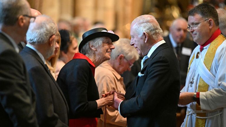 King Charles speaks with a member of the congregation during the Royal Maundy Service at Durham Cathedral .
Pic: PA