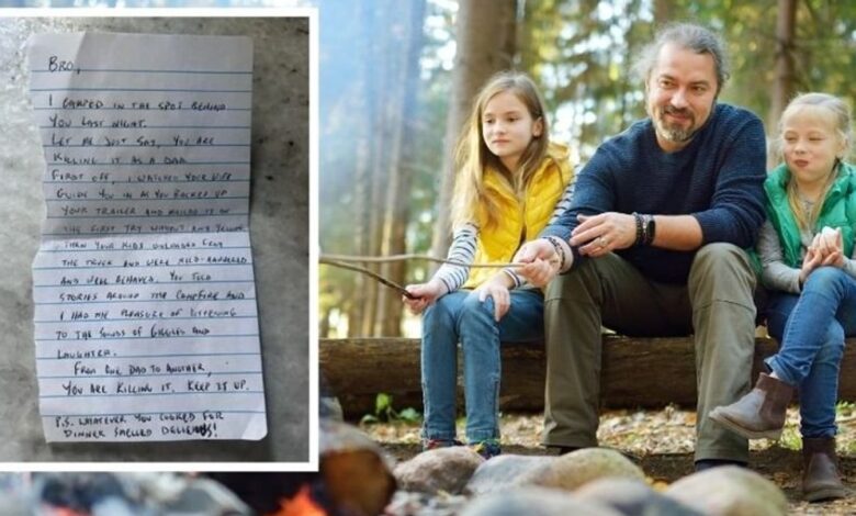 A dad was camping with his kids when a fellow camper slipped him this handwritten note A dad was camping with his kids when a fellow camper slipped him this handwritten note